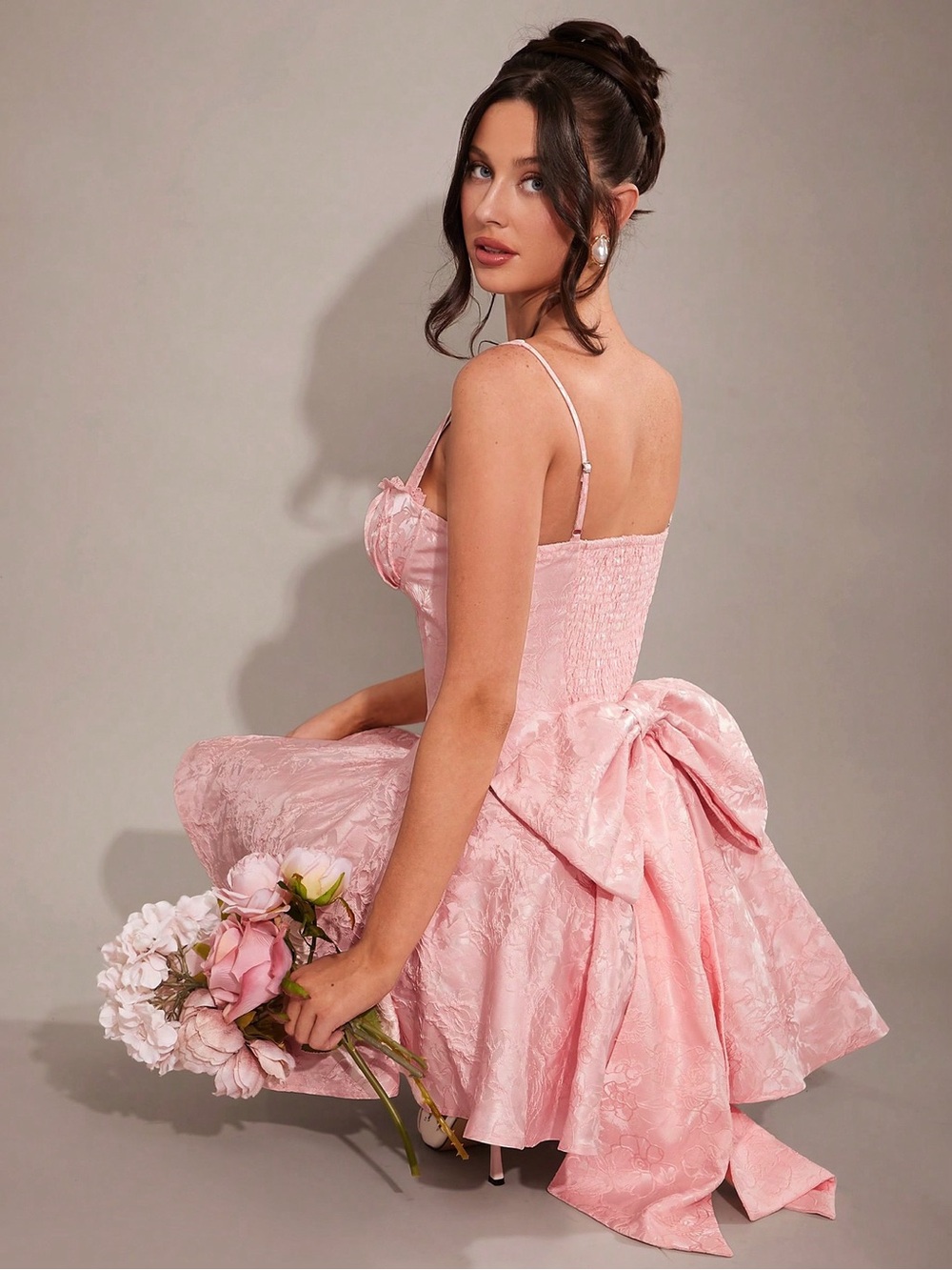 SHEIN BAE Hot Pink Elegant Ruffled Lace Bow Decor Bodycon Flared Princess Dress